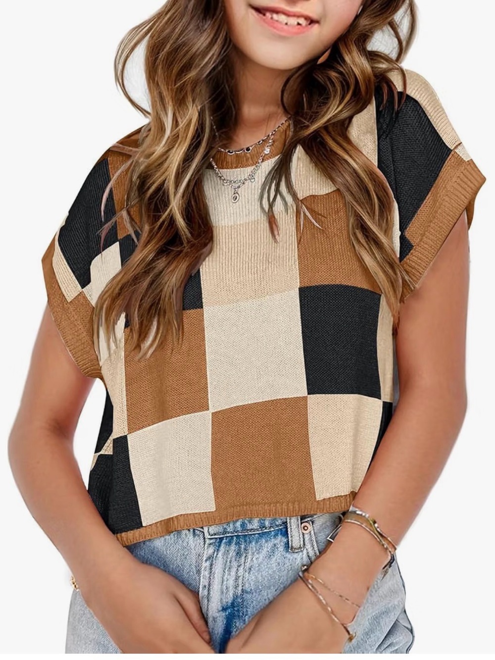 Girls 7/8 Checkerboard Knit Sweater Vest in Black, Cream & Tan